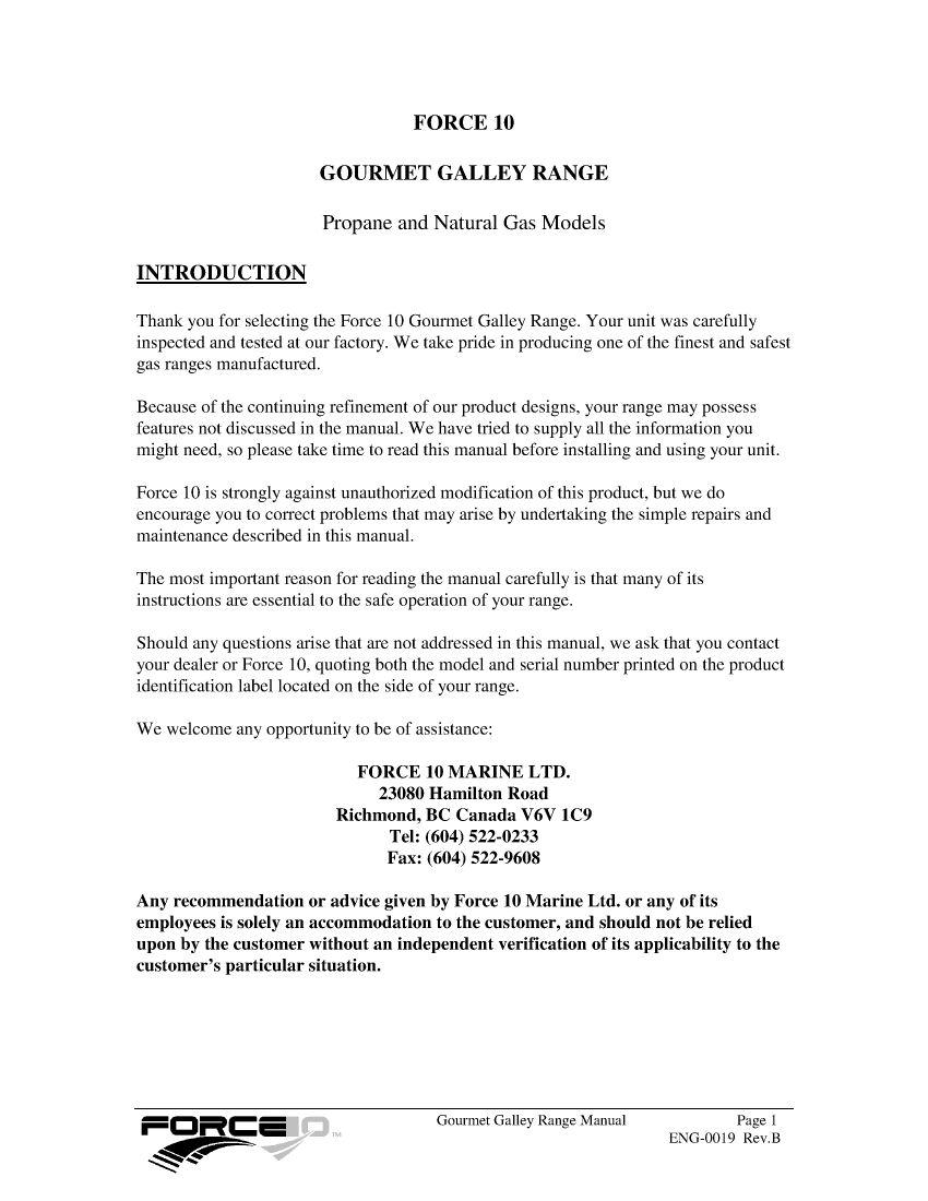 ' Force 10 Stove Manual Eng 0019 Rev B'